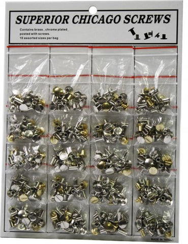 Chicago screw assortment contains brass and chrome plated plain and floral head