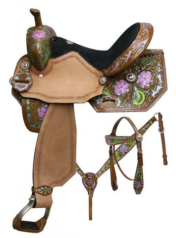  14", 15", 16" Double T barrel style saddle set with metallic painted floral tooling