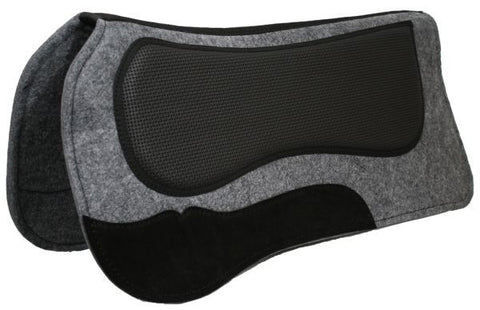 Showman ® 31" X 32" Grey wool/felt blend saddle pad with neoprene build up on bars, cut back with nylon contoured strip down back, pad is 3/4" thick and features suede wear leathers