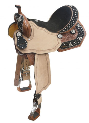  14", 15", 16" Double T barrel saddle with barrel racer conchos on suede leather overlays