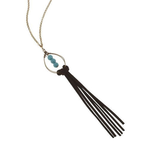  16" gold chain necklace with leather tassel with turquoise stones