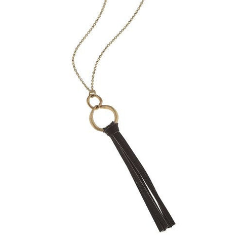  16" gold chain necklace with leather tassel.