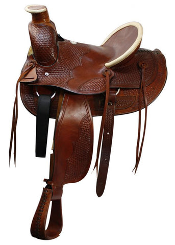 This saddle features basket weave tooling on skirts, pommel, jockeys, fenders and on the hard seat