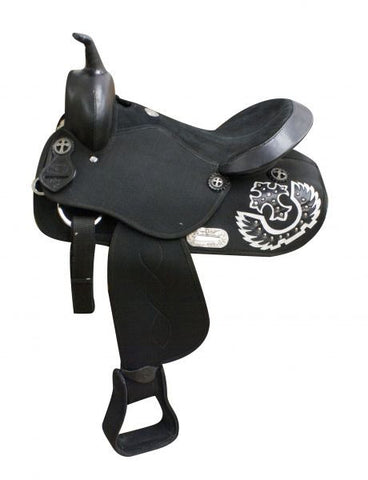  16" Double T Synthetic saddle with white and black leather cross accents on skirts