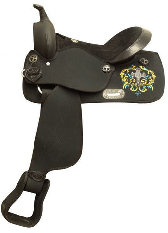  16" Double T synthetic saddle with embroidered skirt and large crystal cross