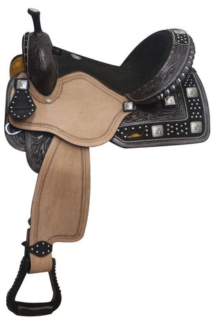  14", 15", 16" Double T barrel style saddle with suede leather overlays and barrel racer conchos