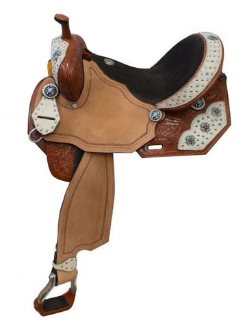  14", 15", 16" Double T barrel saddle with white hair on overlays and turquoise stone cross conchos