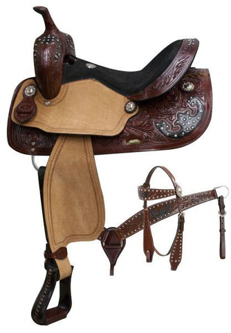  14", 15", 16" Double T saddle set with burgundy floral tooled leather and silver studded black leather inlay