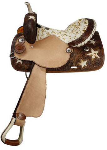 Double T Barrel Style Saddle with Hair On Cowhide Seat and Star Inlays